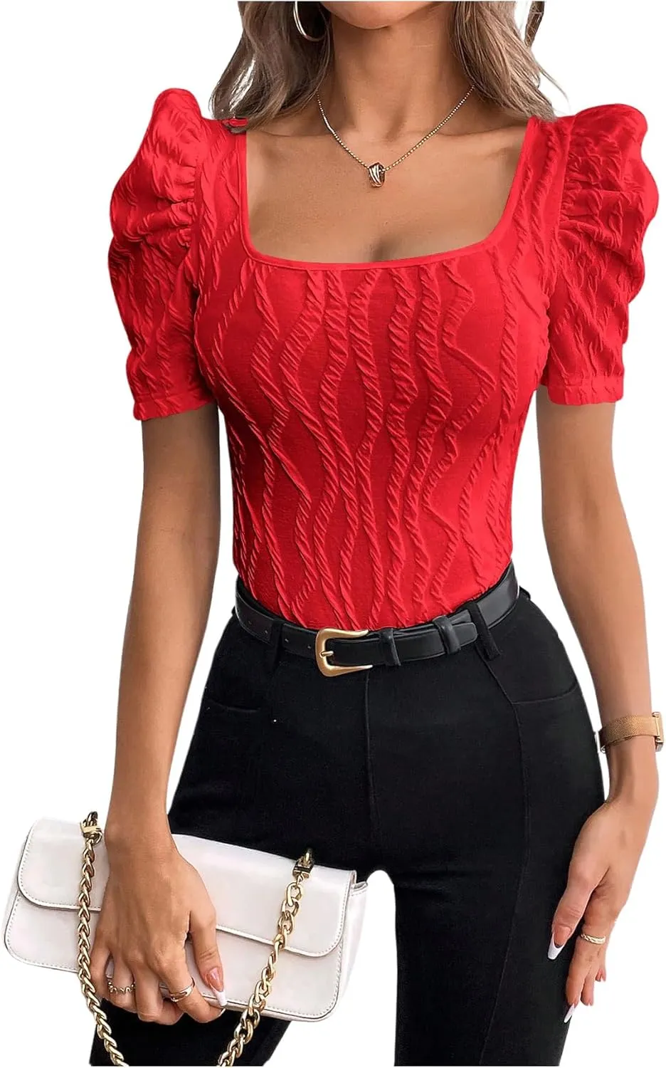 GORGLITTER Women's Puff Short Sleeve Square Neck Top Textured Knitted T Shirt Going Out Tops
