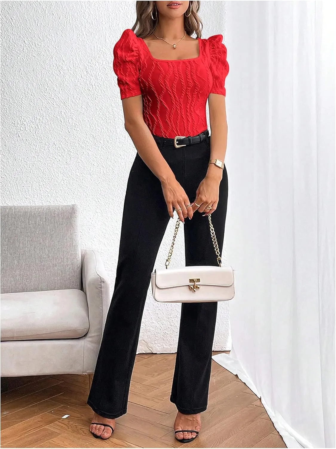GORGLITTER Women's Puff Short Sleeve Square Neck Top Textured Knitted T Shirt Going Out Tops