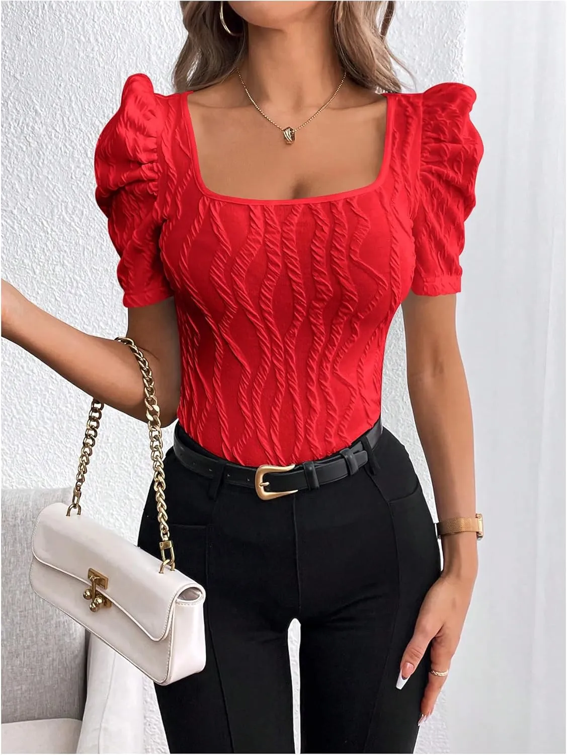 GORGLITTER Women's Puff Short Sleeve Square Neck Top Textured Knitted T Shirt Going Out Tops