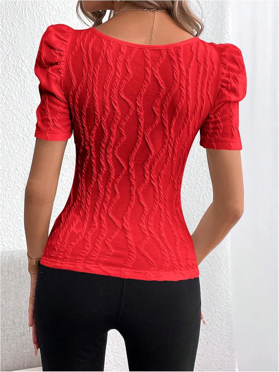 GORGLITTER Women's Puff Short Sleeve Square Neck Top Textured Knitted T Shirt Going Out Tops