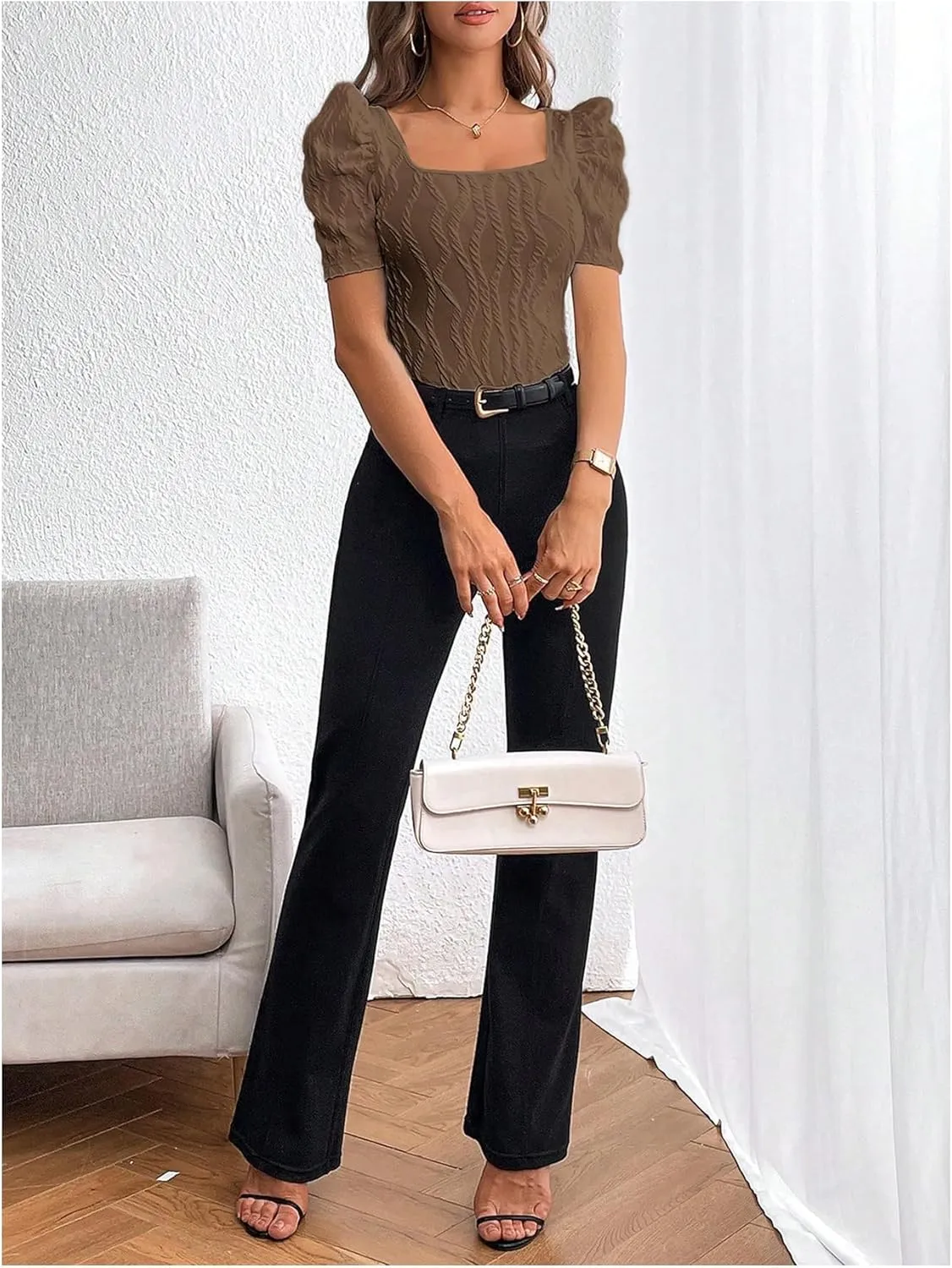 GORGLITTER Women's Puff Short Sleeve Square Neck Top Textured Knitted T Shirt Going Out Tops