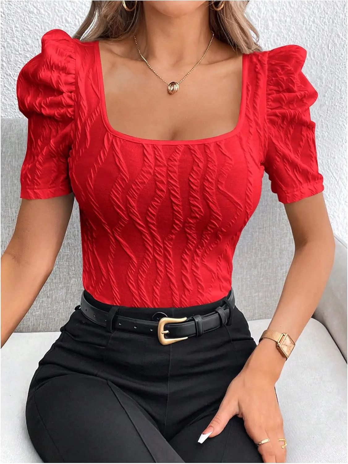 GORGLITTER Women's Puff Short Sleeve Square Neck Top Textured Knitted T Shirt Going Out Tops