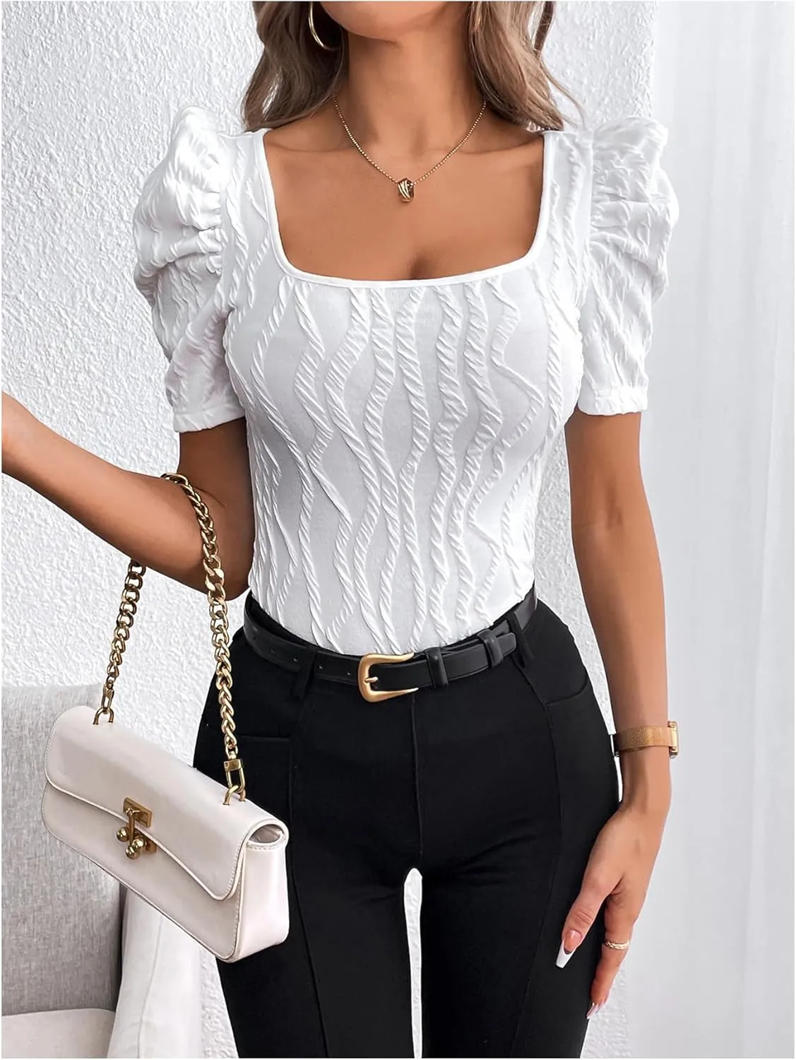 GORGLITTER Women's Puff Short Sleeve Square Neck Top Textured Knitted T Shirt Going Out Tops
