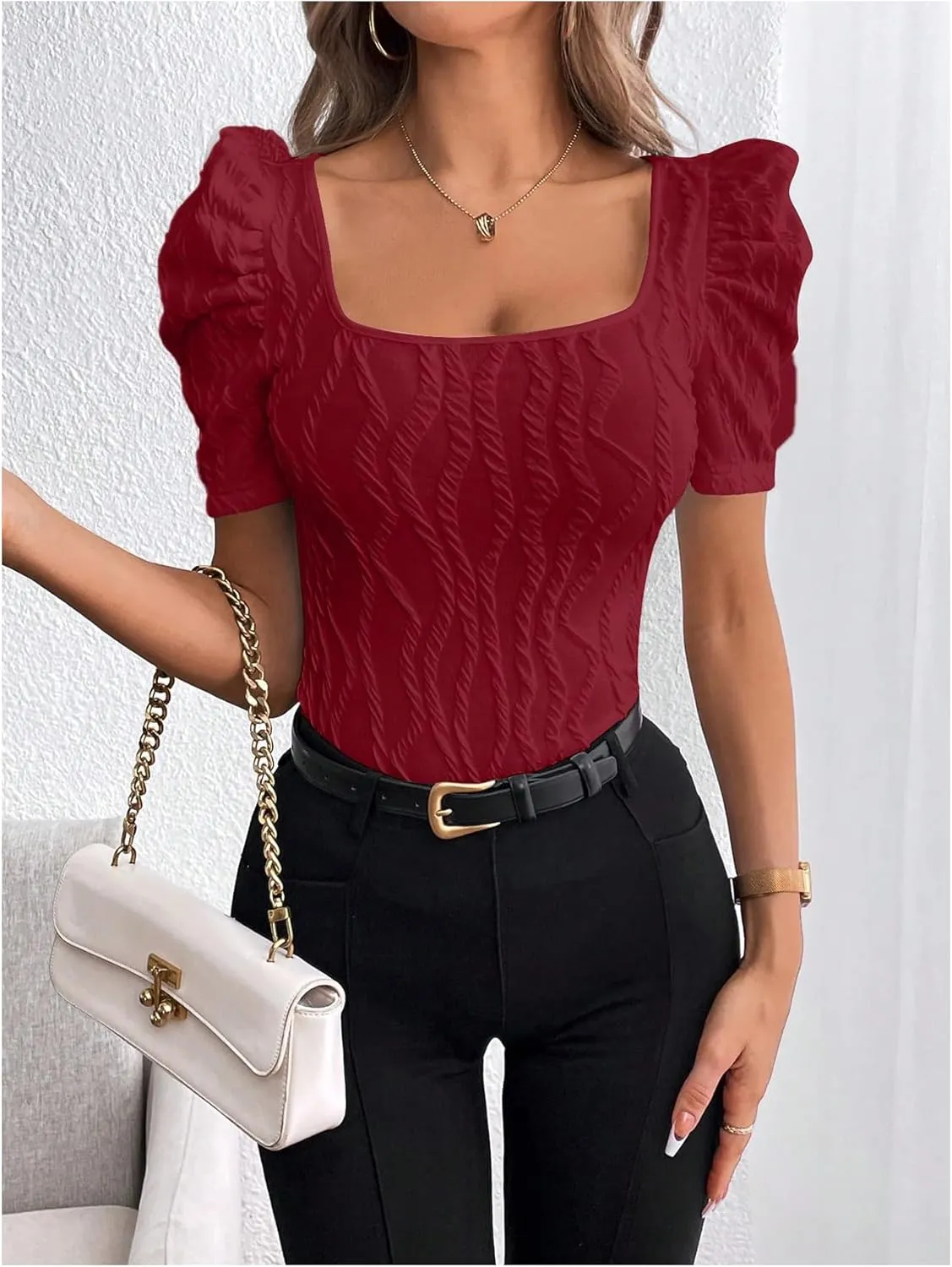 GORGLITTER Women's Puff Short Sleeve Square Neck Top Textured Knitted T Shirt Going Out Tops