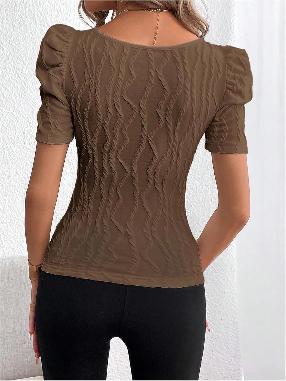 GORGLITTER Women's Puff Short Sleeve Square Neck Top Textured Knitted T Shirt Going Out Tops