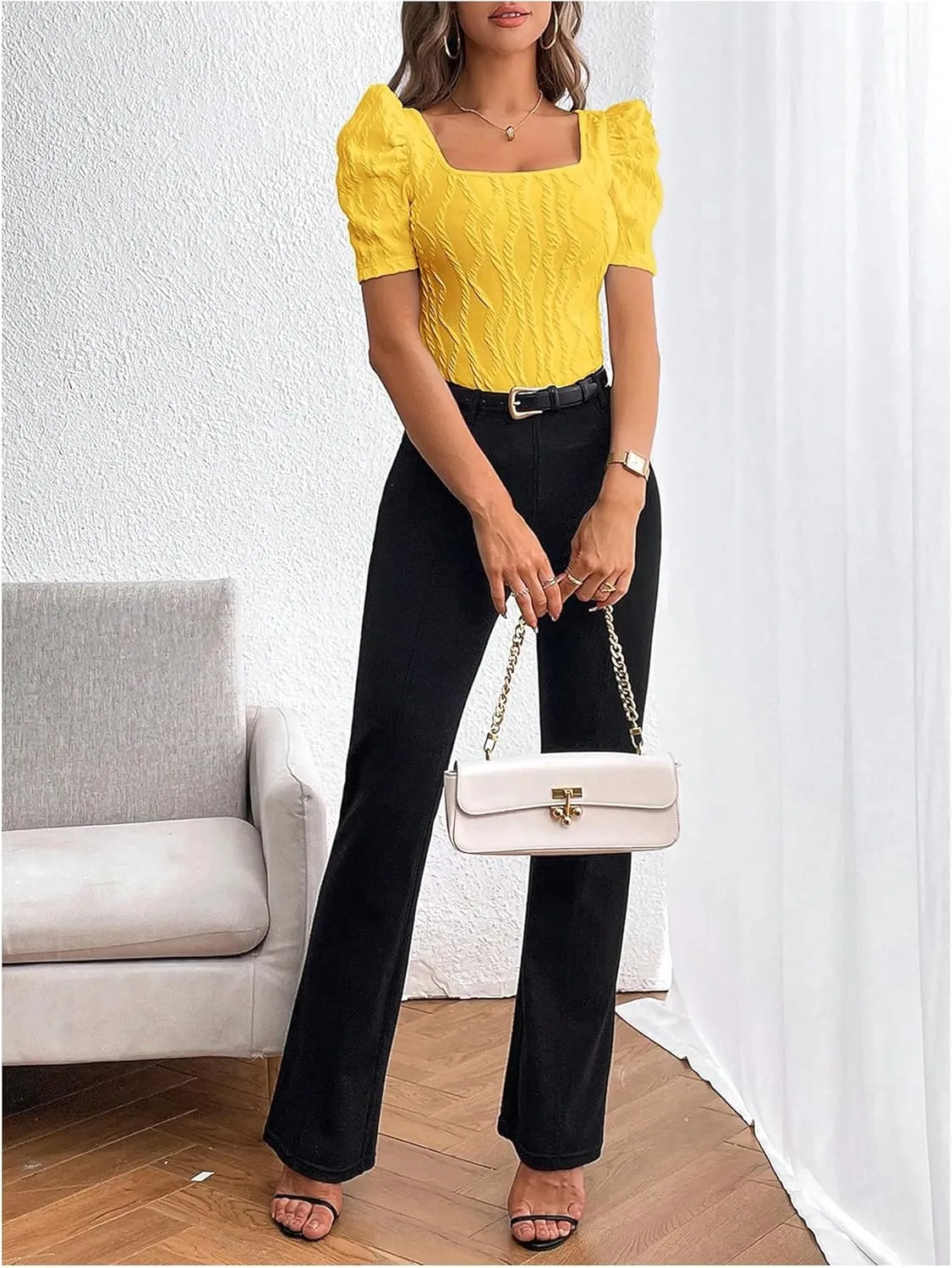 GORGLITTER Women's Puff Short Sleeve Square Neck Top Textured Knitted T Shirt Going Out Tops