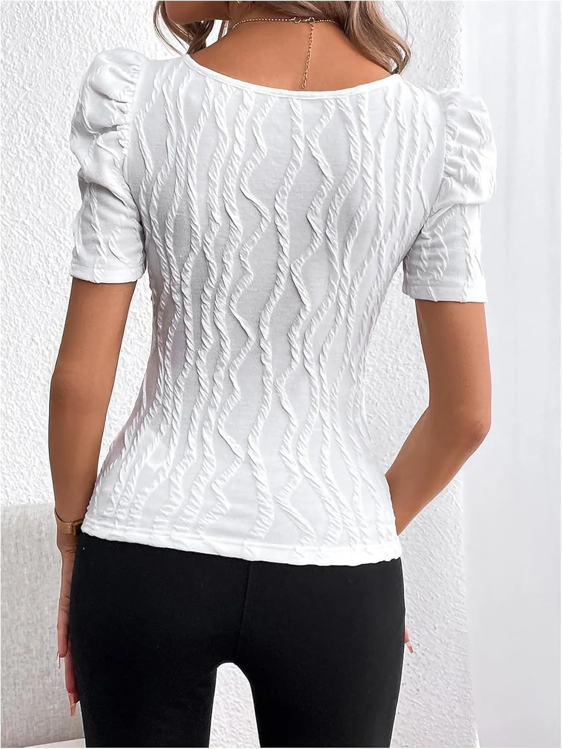 GORGLITTER Women's Puff Short Sleeve Square Neck Top Textured Knitted T Shirt Going Out Tops