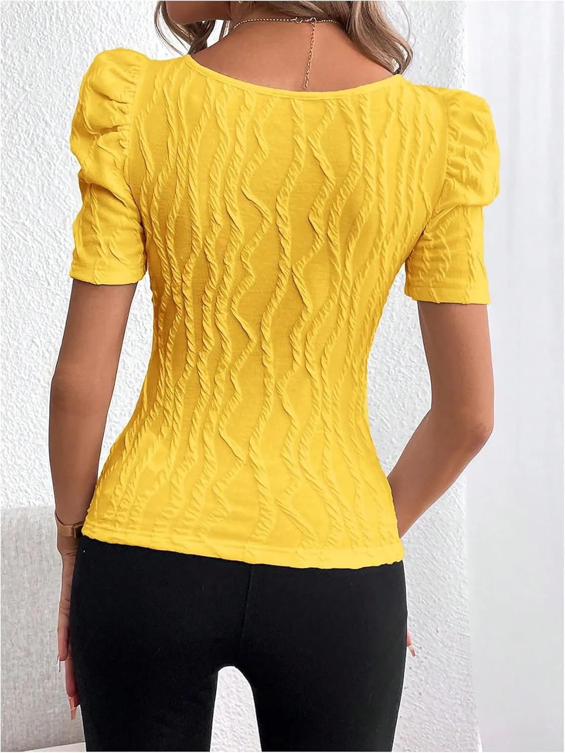 GORGLITTER Women's Puff Short Sleeve Square Neck Top Textured Knitted T Shirt Going Out Tops