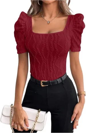 GORGLITTER Women's Puff Short Sleeve Square Neck Top Textured Knitted T Shirt Going Out Tops