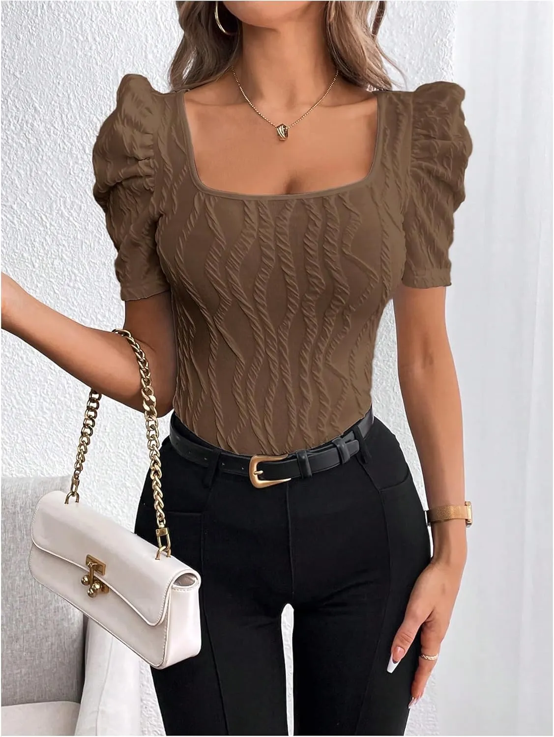 GORGLITTER Women's Puff Short Sleeve Square Neck Top Textured Knitted T Shirt Going Out Tops