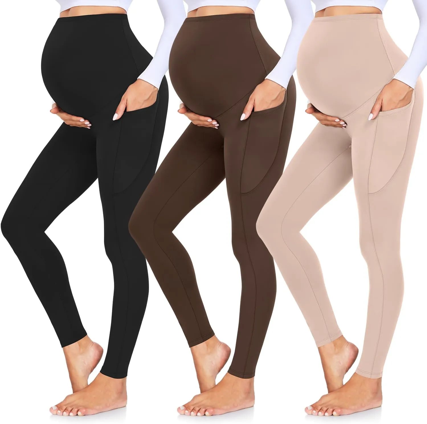 GROTEEN 3 Pack Women's Maternity Leggings Over The Belly with Pockets Super Soft Workout Pregnancy Yoga Pants