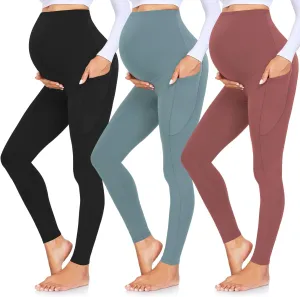GROTEEN 3 Pack Women's Maternity Leggings Over The Belly with Pockets Super Soft Workout Pregnancy Yoga Pants