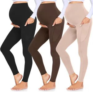 GROTEEN 3 Pack Women's Maternity Leggings Over The Belly with Pockets Super Soft Workout Pregnancy Yoga Pants