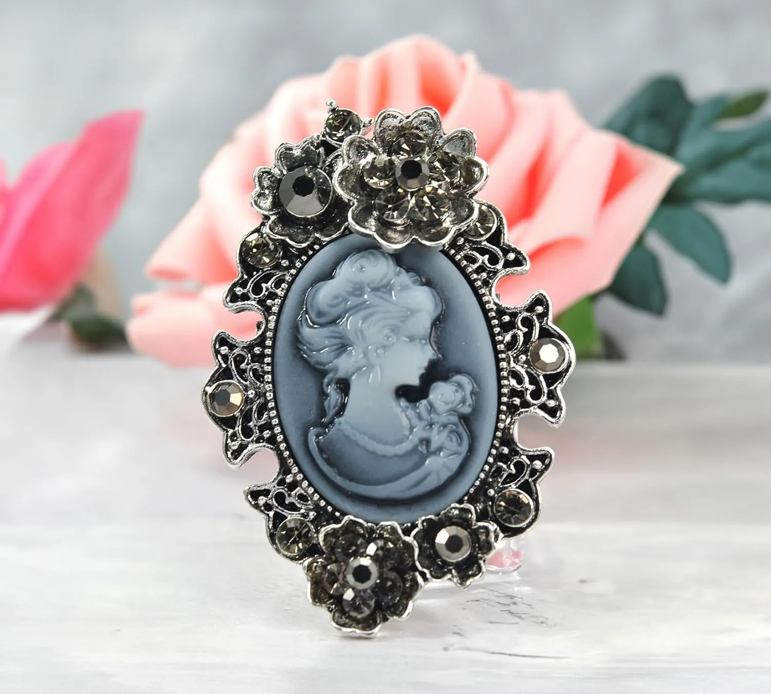 Gyn&Joy Vintage Inspired Crystal Rhinestone Flower Maiden Lady Cameo Pin Brooch