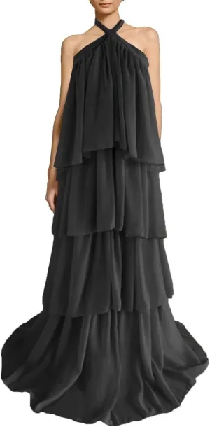 Halter Prom Dress Tiered Chiffon Formal Dresses Ruffles Backless Evening Party Cocktail Gowns