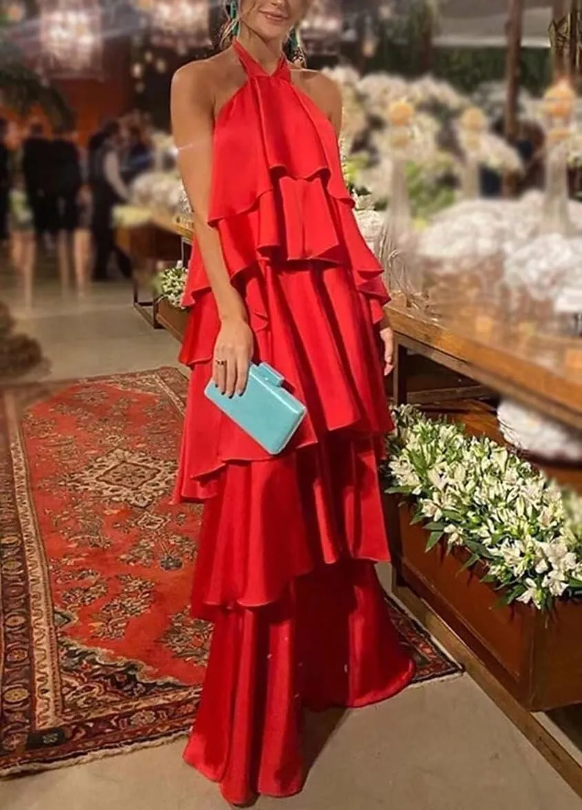Halter Prom Dress Tiered Chiffon Formal Dresses Ruffles Backless Evening Party Cocktail Gowns