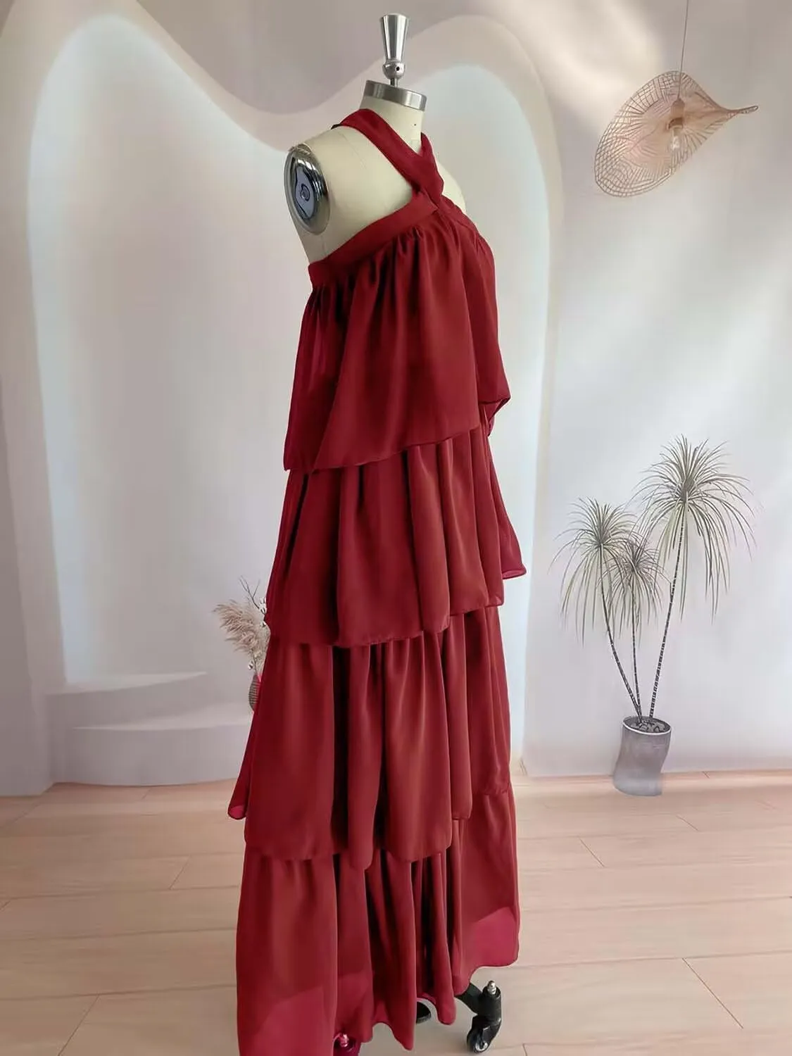Halter Prom Dress Tiered Chiffon Formal Dresses Ruffles Backless Evening Party Cocktail Gowns
