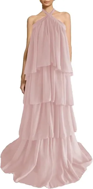 Halter Prom Dress Tiered Chiffon Formal Dresses Ruffles Backless Evening Party Cocktail Gowns