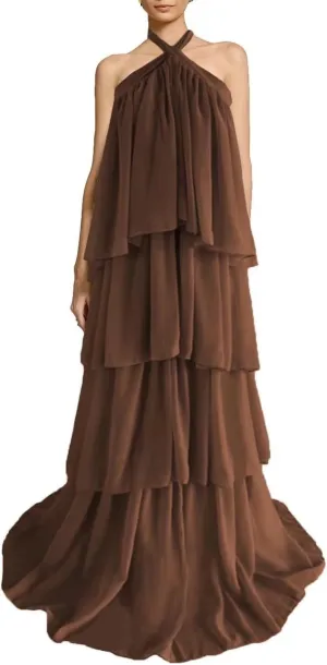 Halter Prom Dress Tiered Chiffon Formal Dresses Ruffles Backless Evening Party Cocktail Gowns