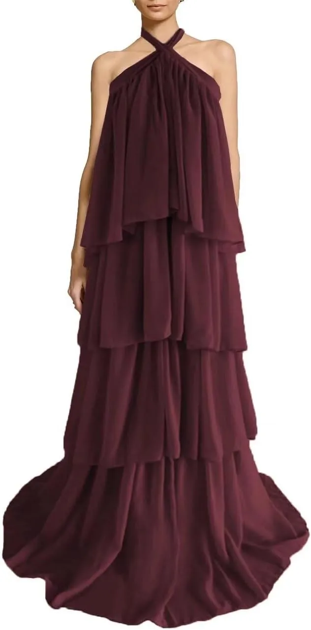 Halter Prom Dress Tiered Chiffon Formal Dresses Ruffles Backless Evening Party Cocktail Gowns