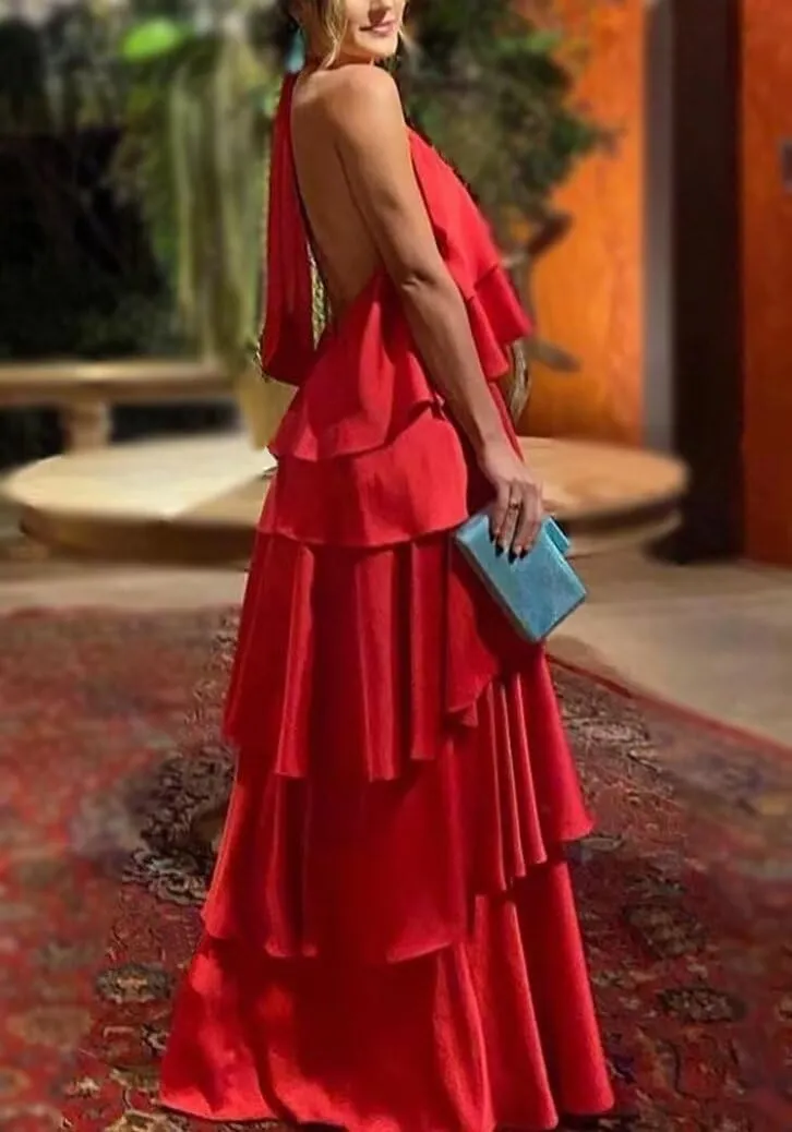 Halter Prom Dress Tiered Chiffon Formal Dresses Ruffles Backless Evening Party Cocktail Gowns
