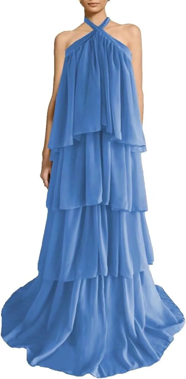 Halter Prom Dress Tiered Chiffon Formal Dresses Ruffles Backless Evening Party Cocktail Gowns