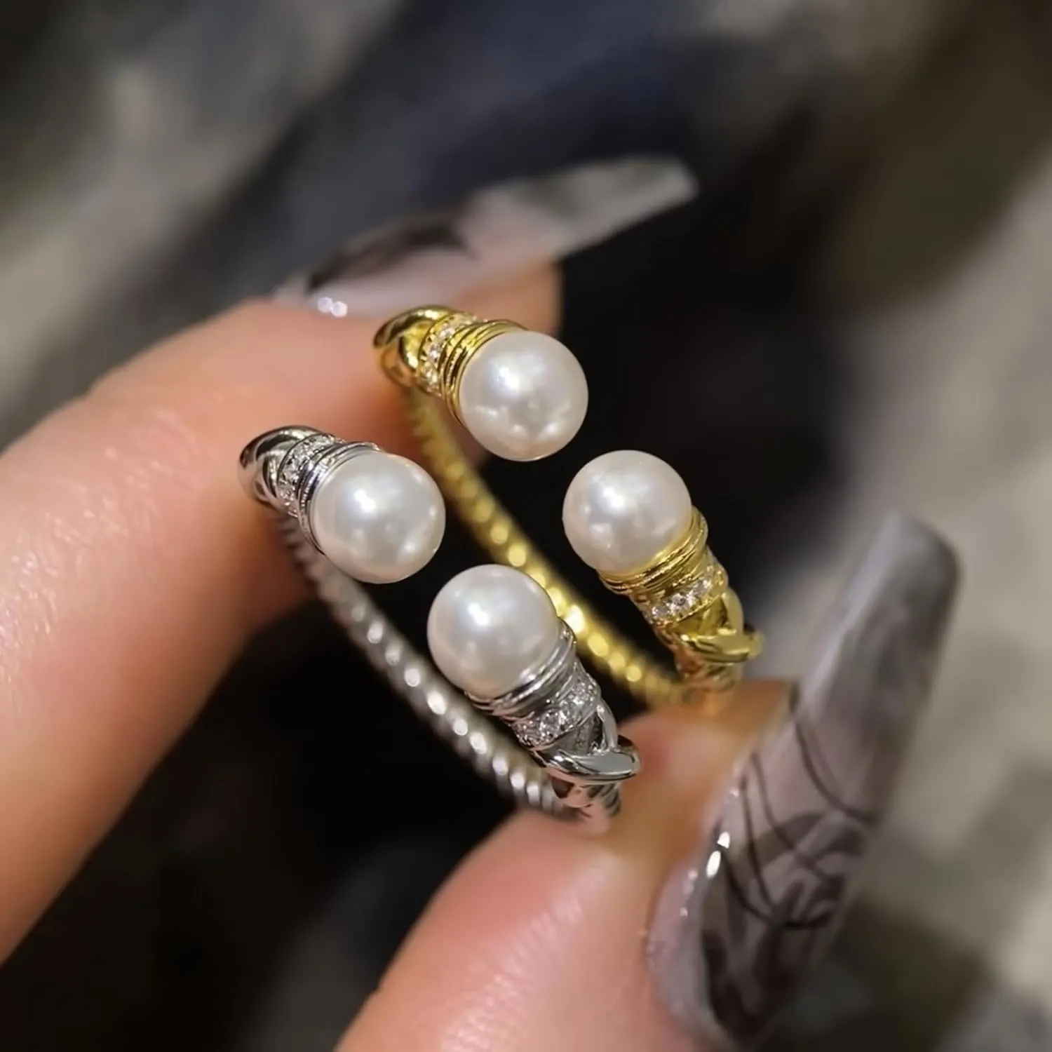 Handmade 925 Sterling Silver Rings For Women Elegant Pearl Rings Cable Wire Rings Twist Rope Rings Open Adjustable Rings For Women Simple Dainty Little Rings Minimalist Stackable Rings Christmas Gifts