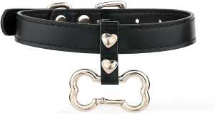 Handmade Bone Ring Leather Choker Collar For Women, Cute Pastel Pink Choker Necklace with Bone Shaped Pendant and Heart Rivets