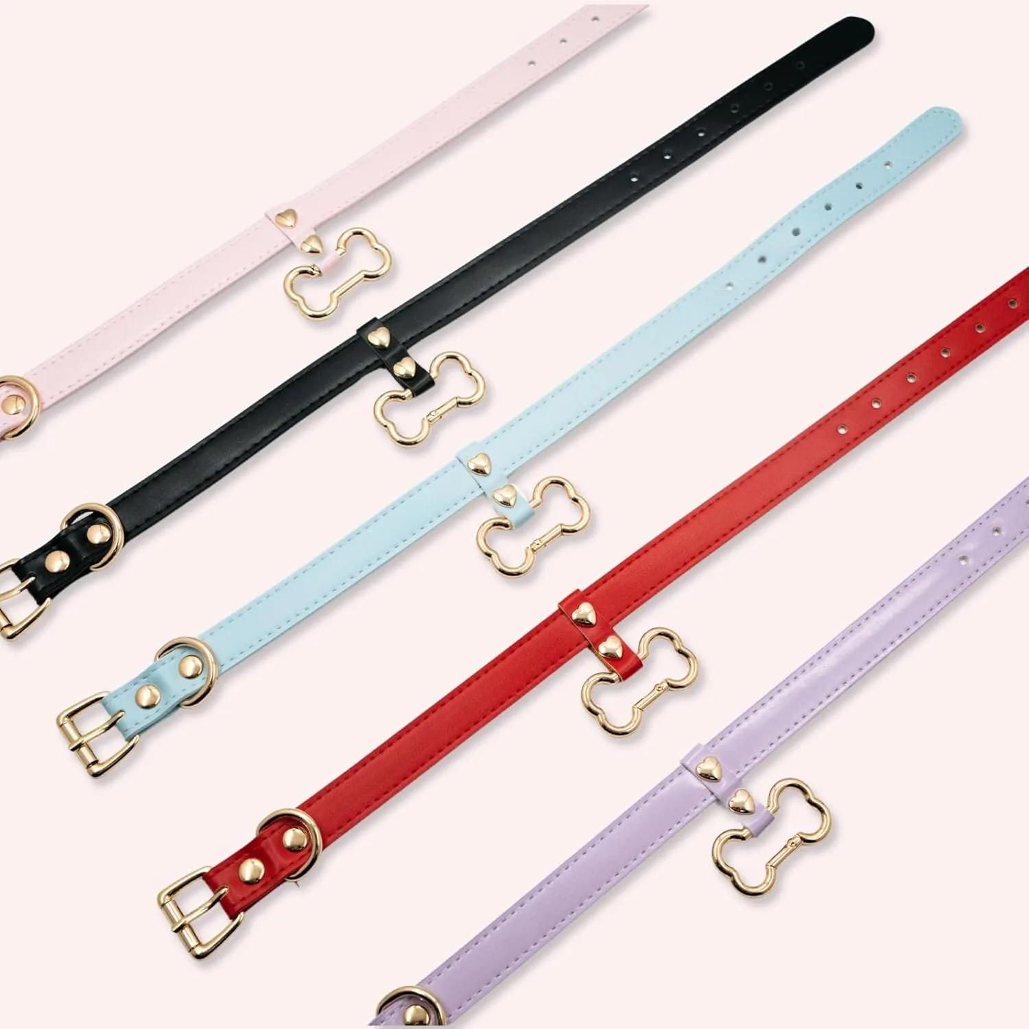Handmade Bone Ring Leather Choker Collar For Women, Cute Pastel Pink Choker Necklace with Bone Shaped Pendant and Heart Rivets