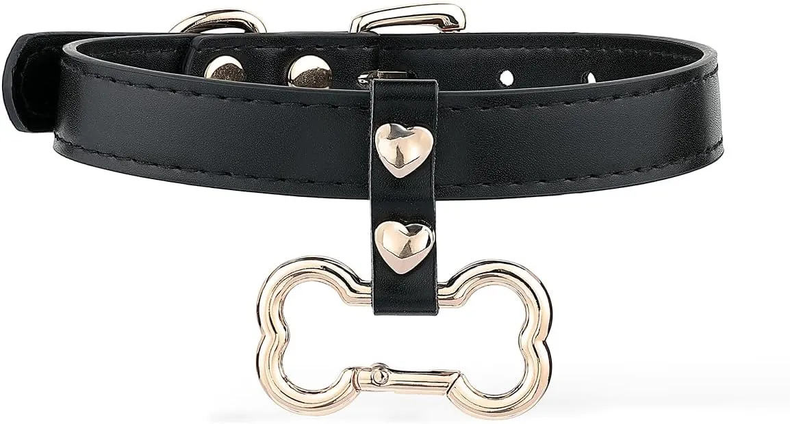 Handmade Bone Ring Leather Choker Collar For Women, Cute Pastel Pink Choker Necklace with Bone Shaped Pendant and Heart Rivets