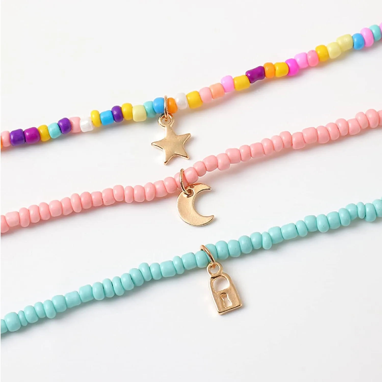 Handmade Multilayered Rainbow Colorful Beads Link Chain Moon Star Butterfly Pendant Choker Necklace Friendship Creative Beach Costume Jewelry for Women