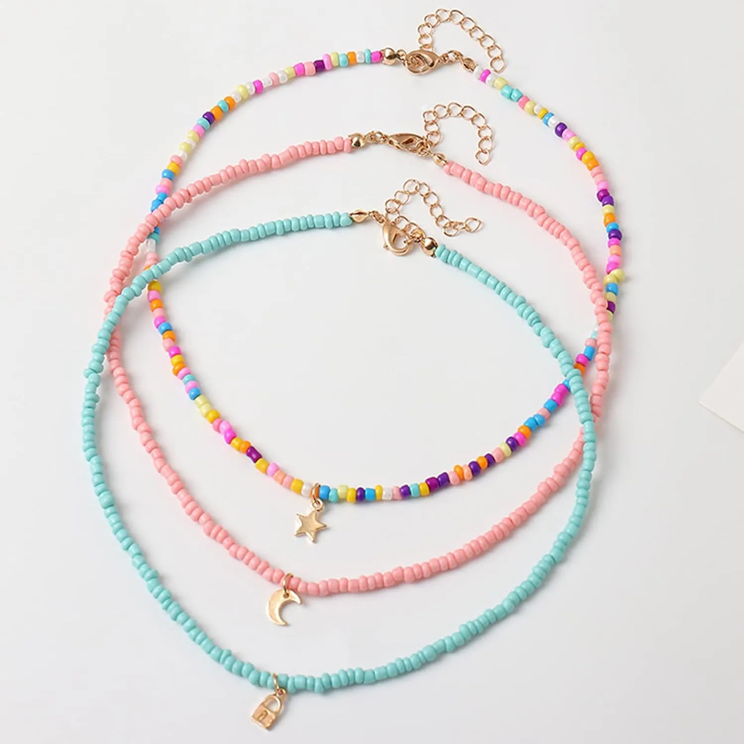 Handmade Multilayered Rainbow Colorful Beads Link Chain Moon Star Butterfly Pendant Choker Necklace Friendship Creative Beach Costume Jewelry for Women