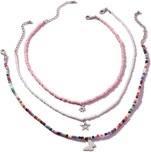 Handmade Multilayered Rainbow Colorful Beads Link Chain Moon Star Butterfly Pendant Choker Necklace Friendship Creative Beach Costume Jewelry for Women