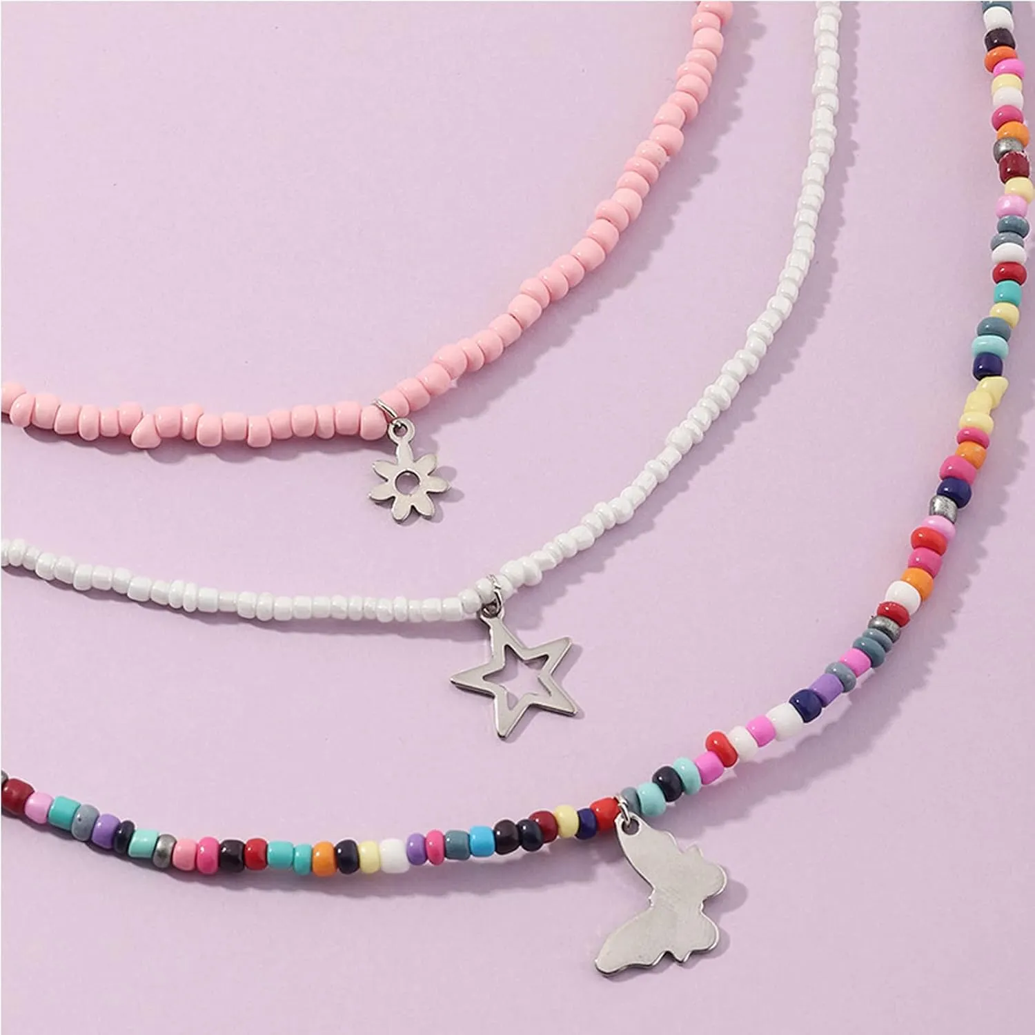 Handmade Multilayered Rainbow Colorful Beads Link Chain Moon Star Butterfly Pendant Choker Necklace Friendship Creative Beach Costume Jewelry for Women