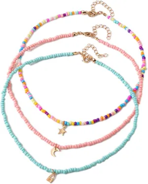 Handmade Multilayered Rainbow Colorful Beads Link Chain Moon Star Butterfly Pendant Choker Necklace Friendship Creative Beach Costume Jewelry for Women