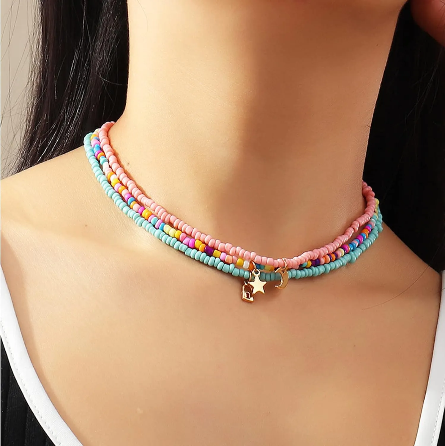 Handmade Multilayered Rainbow Colorful Beads Link Chain Moon Star Butterfly Pendant Choker Necklace Friendship Creative Beach Costume Jewelry for Women