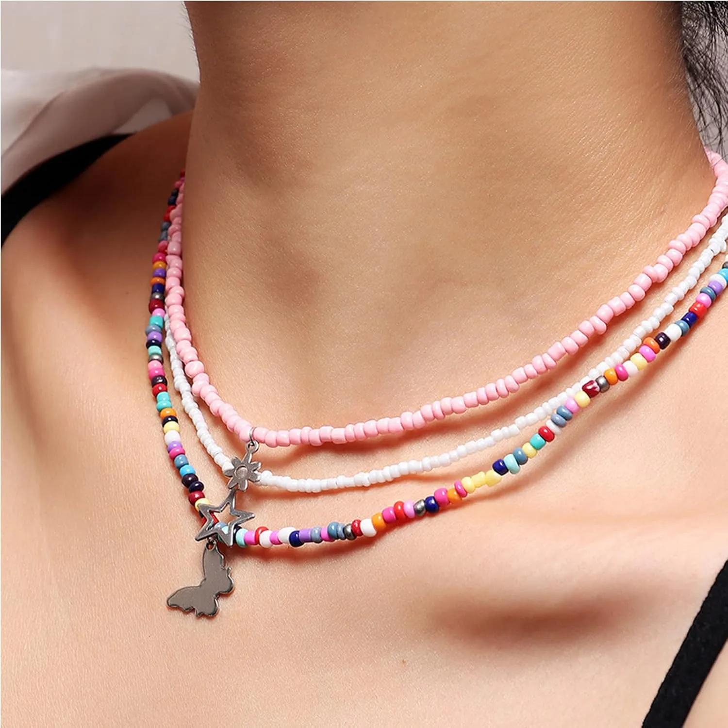 Handmade Multilayered Rainbow Colorful Beads Link Chain Moon Star Butterfly Pendant Choker Necklace Friendship Creative Beach Costume Jewelry for Women