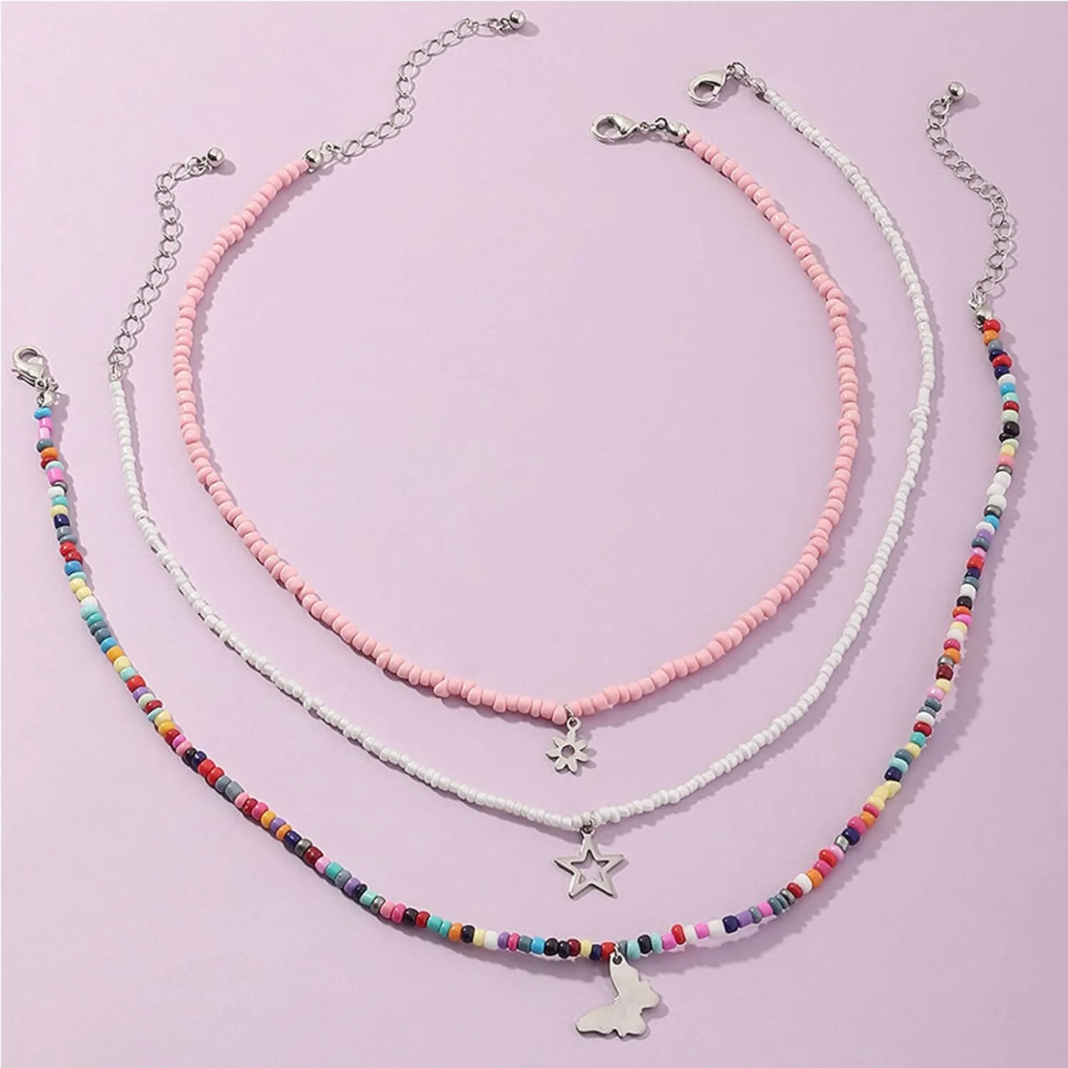 Handmade Multilayered Rainbow Colorful Beads Link Chain Moon Star Butterfly Pendant Choker Necklace Friendship Creative Beach Costume Jewelry for Women