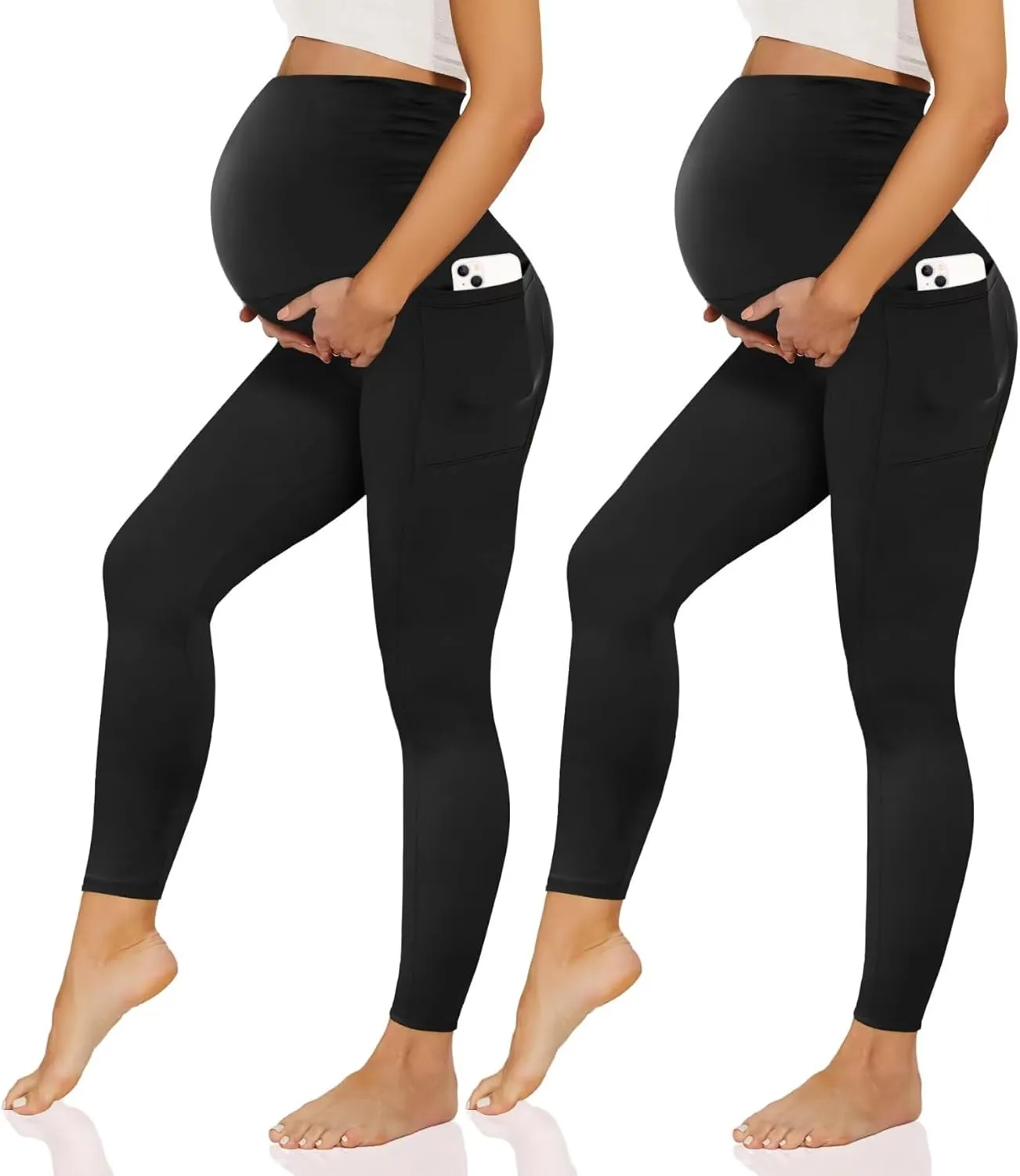 Happy.angel 2/3/4 Pack Maternity Leggings with Pockets Over the Belly, Womens Black Workout Yoga Pregnancy Pants