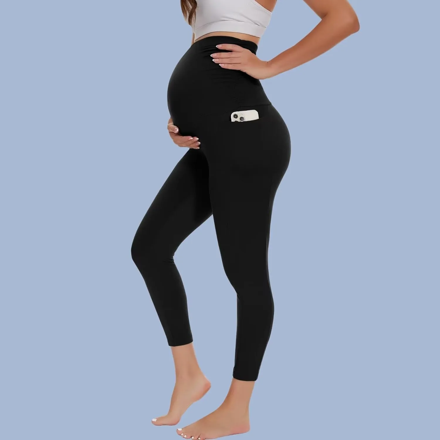 Happy.angel 2/3/4 Pack Maternity Leggings with Pockets Over the Belly, Womens Black Workout Yoga Pregnancy Pants