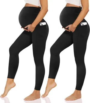 Happy.angel 2/3/4 Pack Maternity Leggings with Pockets Over the Belly, Womens Black Workout Yoga Pregnancy Pants