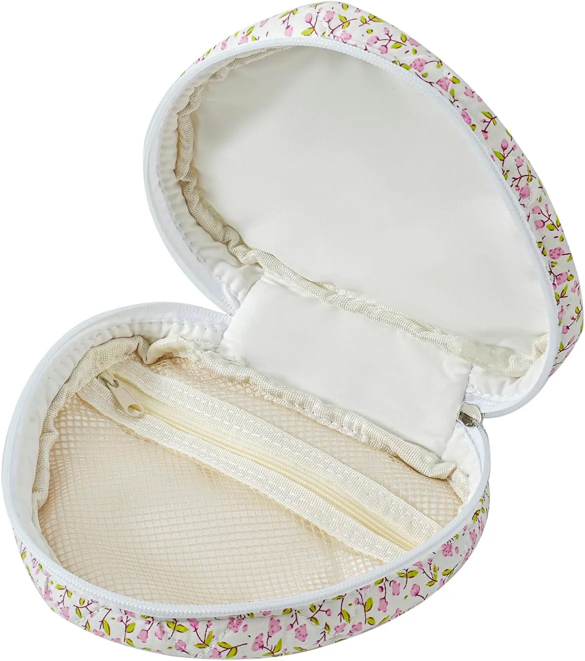 Heart Shaped Floral Cotton Cosmetic Bag Makeup Bag for Women, Travel Quilted Zipper Make Up Case with Handle, Flowers Toiletry Organizer Makeup Cosmetic Travel Cloth Pouch (Small Pink Flower)