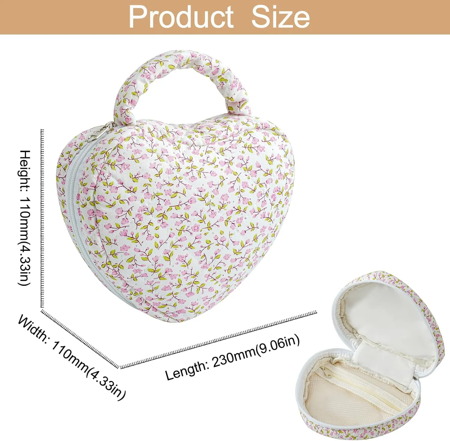 Heart Shaped Floral Cotton Cosmetic Bag Makeup Bag for Women, Travel Quilted Zipper Make Up Case with Handle, Flowers Toiletry Organizer Makeup Cosmetic Travel Cloth Pouch (Small Pink Flower)
