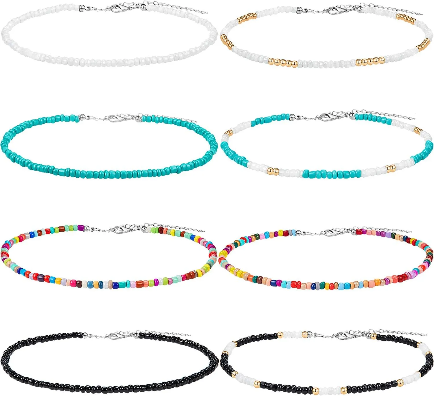 Hicarer Seed Bead Choker Necklace Tiny Beaded Choker Boho Colorful Choker Necklace Chain Jewelry for Women, Adjustable 12-16 Inches (Color Set 1, 8 Pieces)