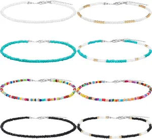 Hicarer Seed Bead Choker Necklace Tiny Beaded Choker Boho Colorful Choker Necklace Chain Jewelry for Women, Adjustable 12-16 Inches (Color Set 1, 8 Pieces)