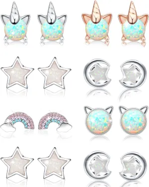 Hicdaw 8/12 Pairs Cute Stud Earrings for Girls - Hypoallergenic Opal Earrings for Teen Girls