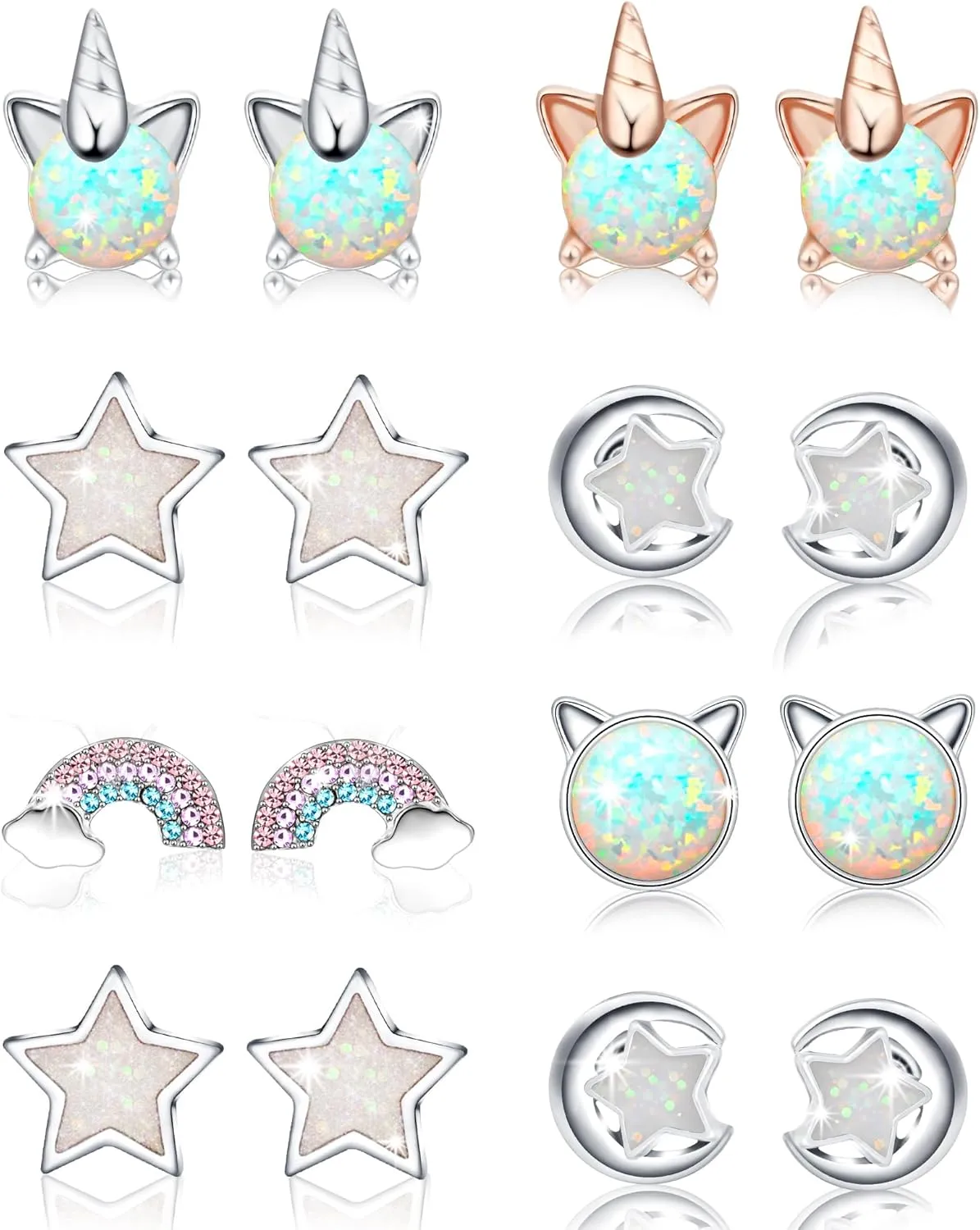 Hicdaw 8/12 Pairs Cute Stud Earrings for Girls - Hypoallergenic Opal Earrings for Teen Girls