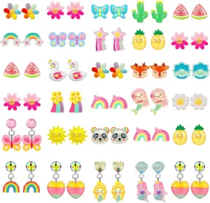 Hicdaw Kids Clip On Earrings for Girls, 25/30 Pairs Party Favor Hypoallergenic Jewelry Earrings for Kids Ages 4-12, Cute Animal Clip On Earrings for Little Girls with No Ear Holes Set Mixcolor