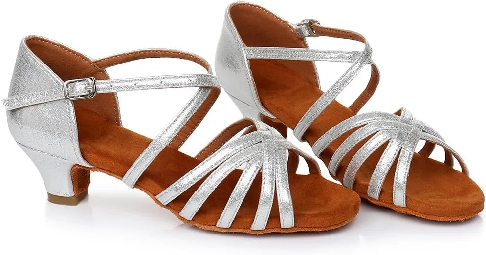 HIPPOSEUS Girls' Standard Latin Dance Shoes Open Toe Ballroom Dance Shoes Low Heel,Model WHXGG