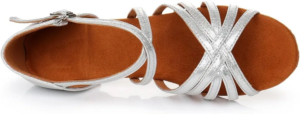 HIPPOSEUS Girls' Standard Latin Dance Shoes Open Toe Ballroom Dance Shoes Low Heel,Model WHXGG